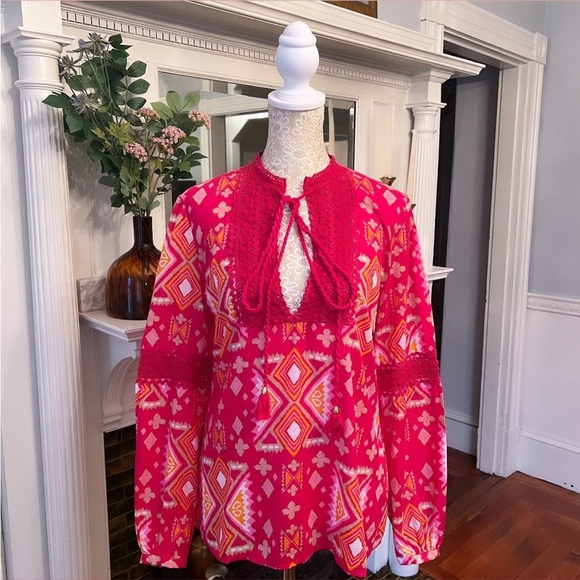 TORY BURCH 100% Cotton Pink & Orange Crotchet/Tassel Longsleeve Tunic Top Sz 6 - Picture 2 of 13
